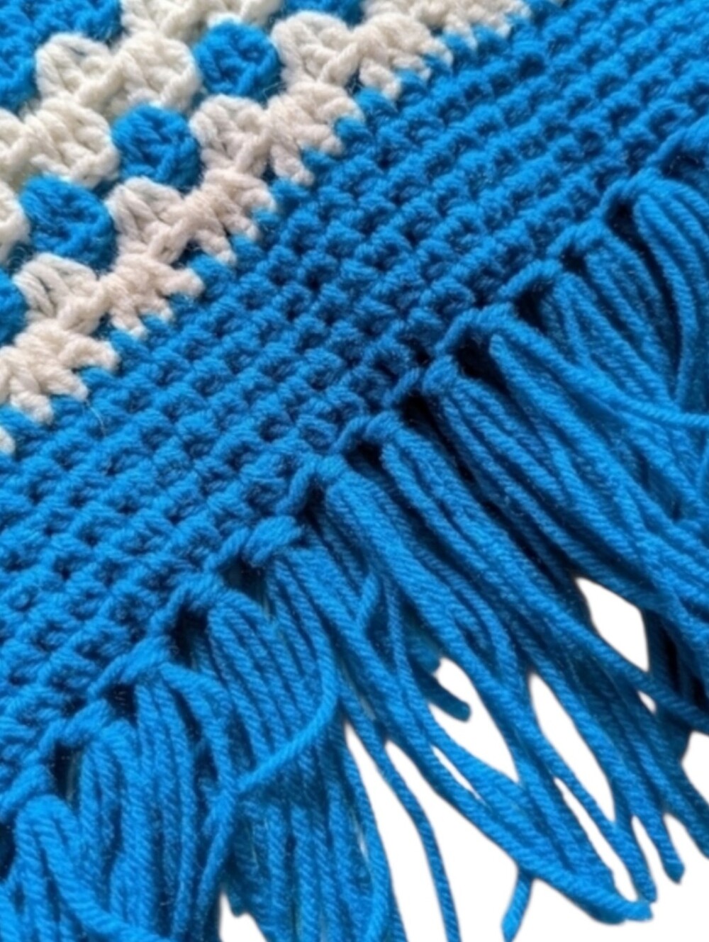 Handcrafted Chunky Crochet Knit Poncho Cape with Pom Poms in Blue and Cream NWT - Picture 6 of 8